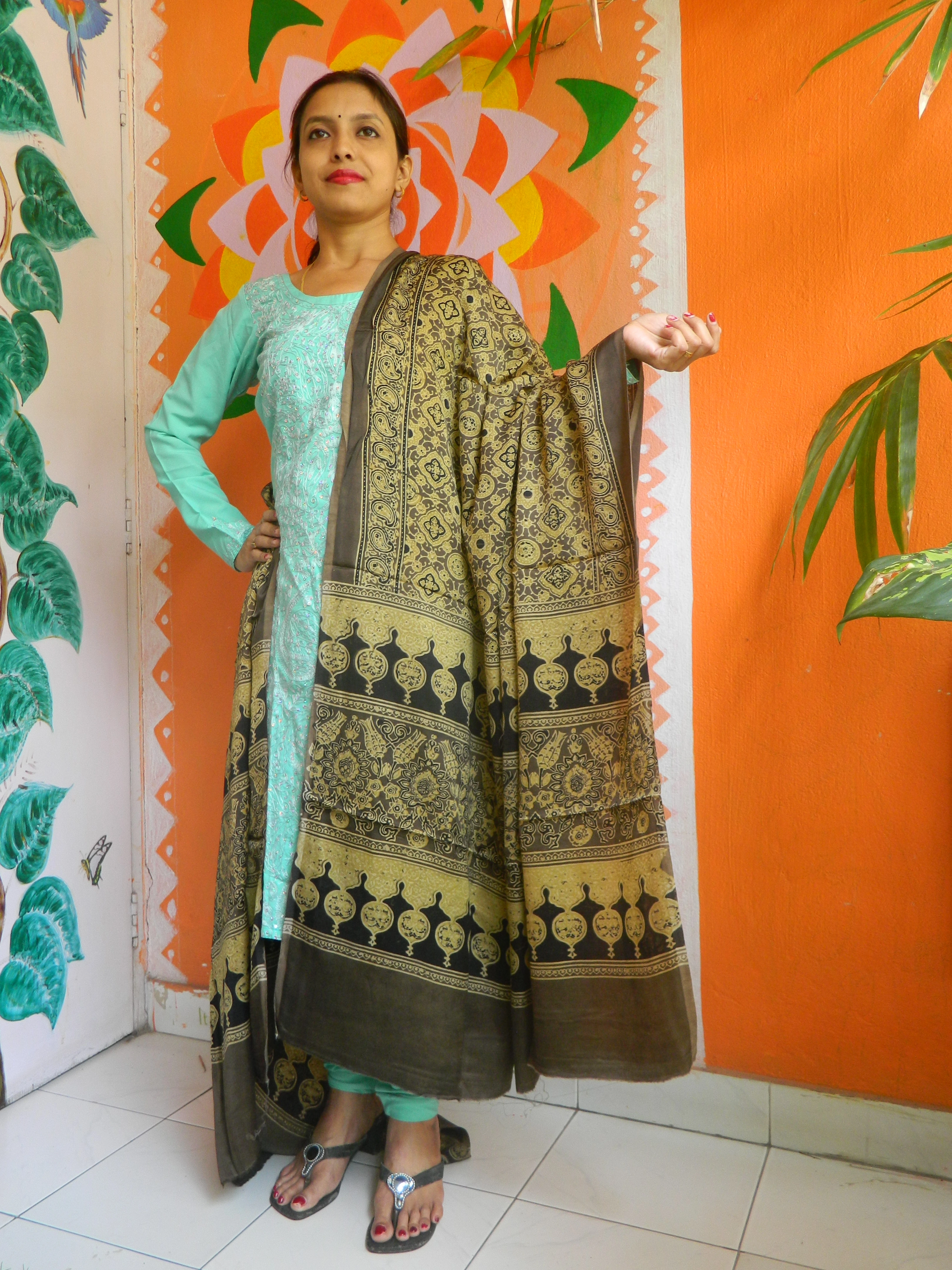 Shaujanya- Rust Brown & Black Ajrakh-printed Premium Modal Silk Dupatta --Sustainably Fashionable.