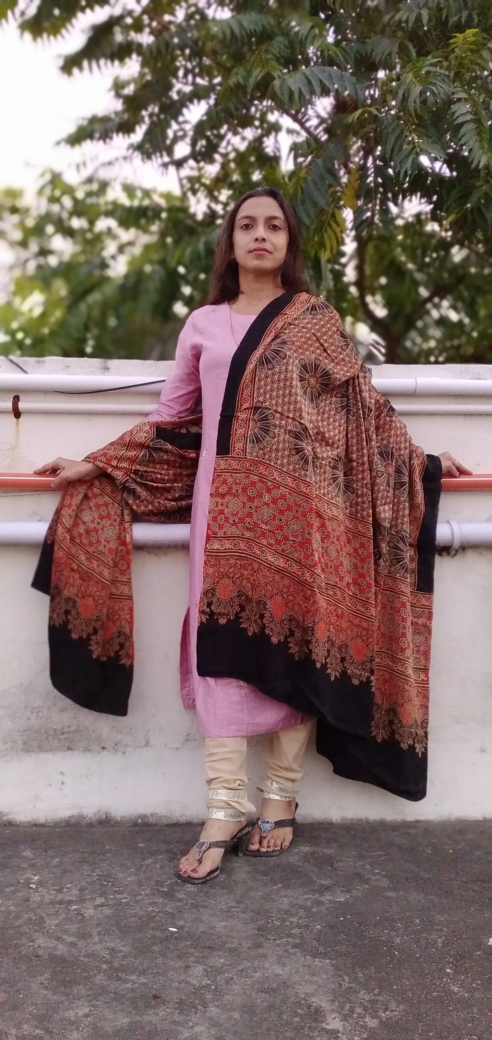 Shaukeen - Rust Red & Black Ajrakh-printed Premium Modal Silk Dupatta --Sustainably Fashionable.