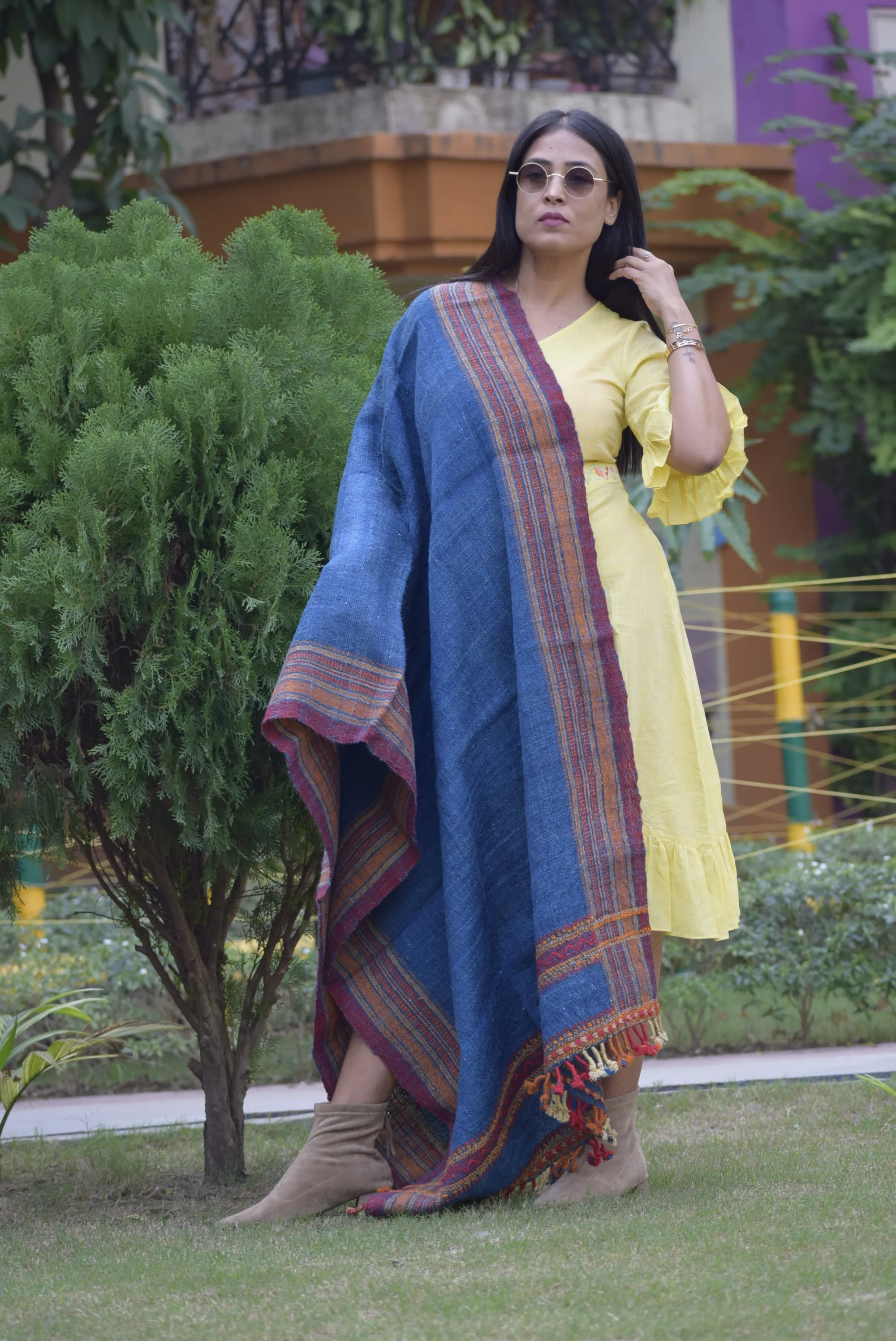 Sands of Time- Warmth of Desert.l Bhujodi Handwoven Desi Sheep Wool Shawl - Matt Indigo Blue.