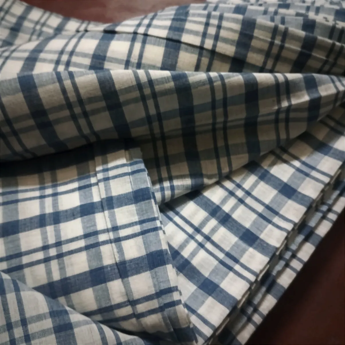 Thin & Broad Square Checks Natural Indigo Dyed Hand-Woven Cotton  Fabric - [2.5Mtrs]