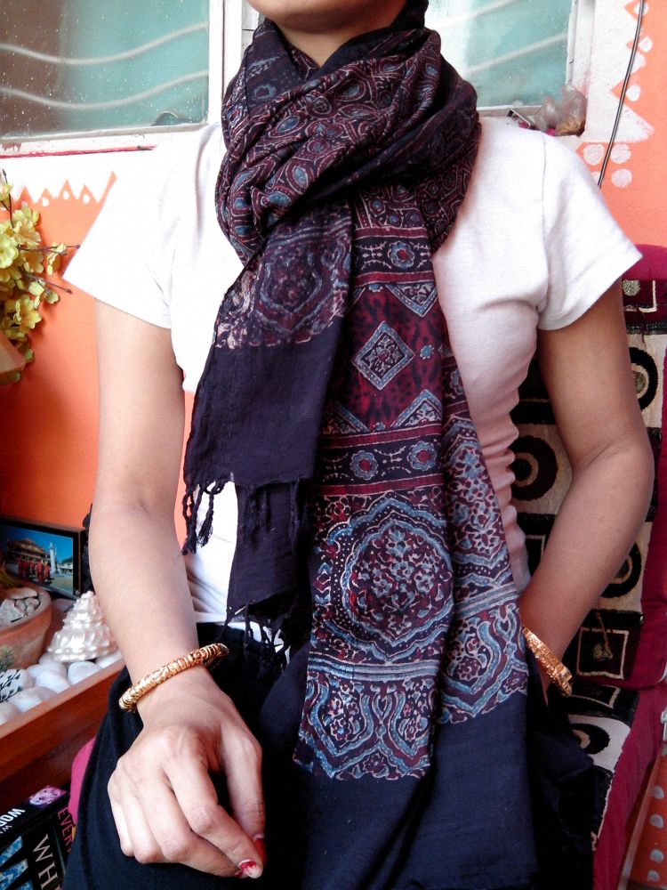 Kasafal- Rust Brown & Black Ajrakh-printed Premium HandWoven Muslin Cotton Dupatta --Elegantly Sustainable.