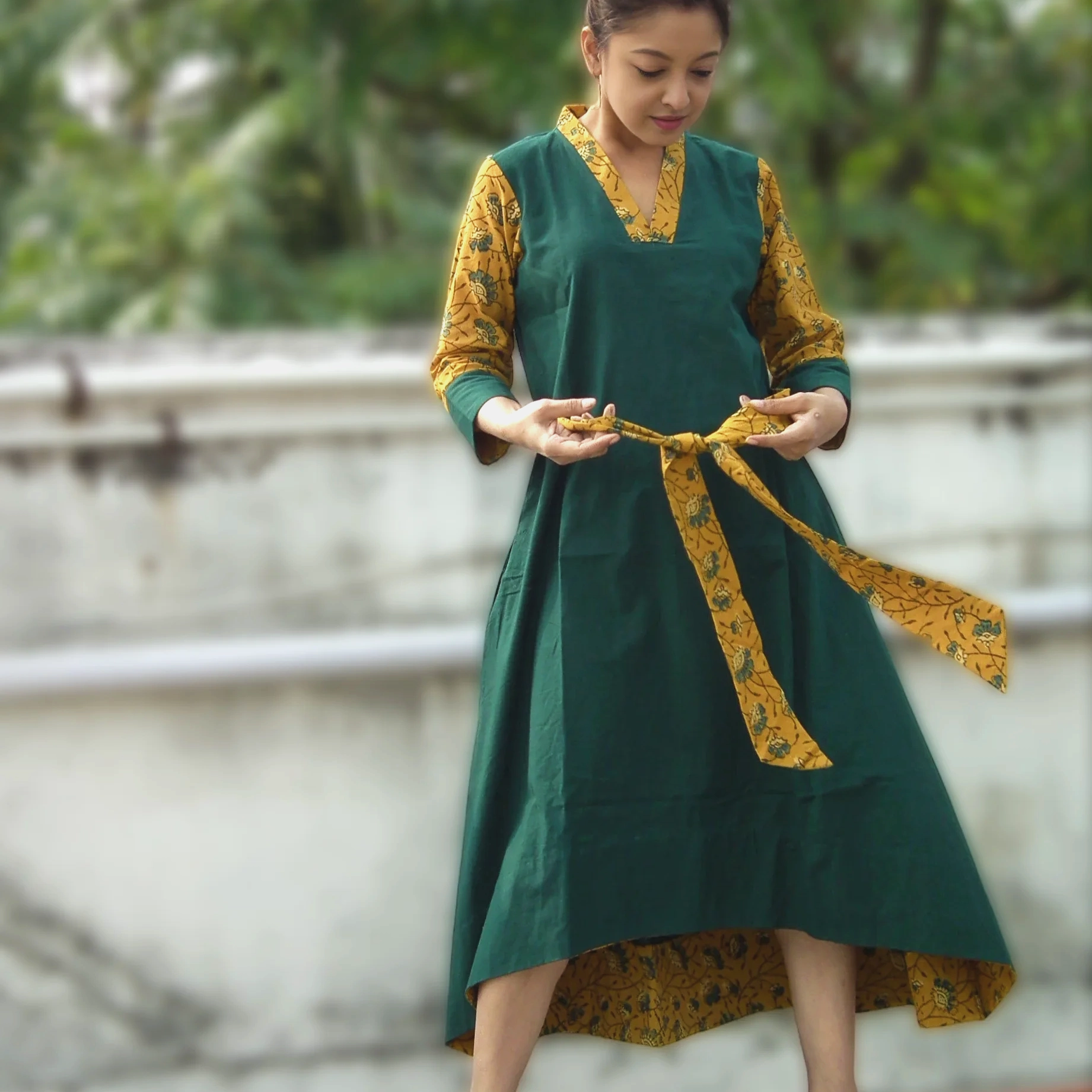 NAIFARU - Dual tone Maxi Dress with Belt,Ajrakh block Printed Sleeves ,Neck Line and Belt.