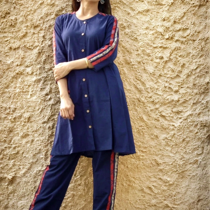 TSAVO -  Ajrakh Hand block print highlighted Slim Fit Navy Blue Cotton round neck Kurta & palazzo set.