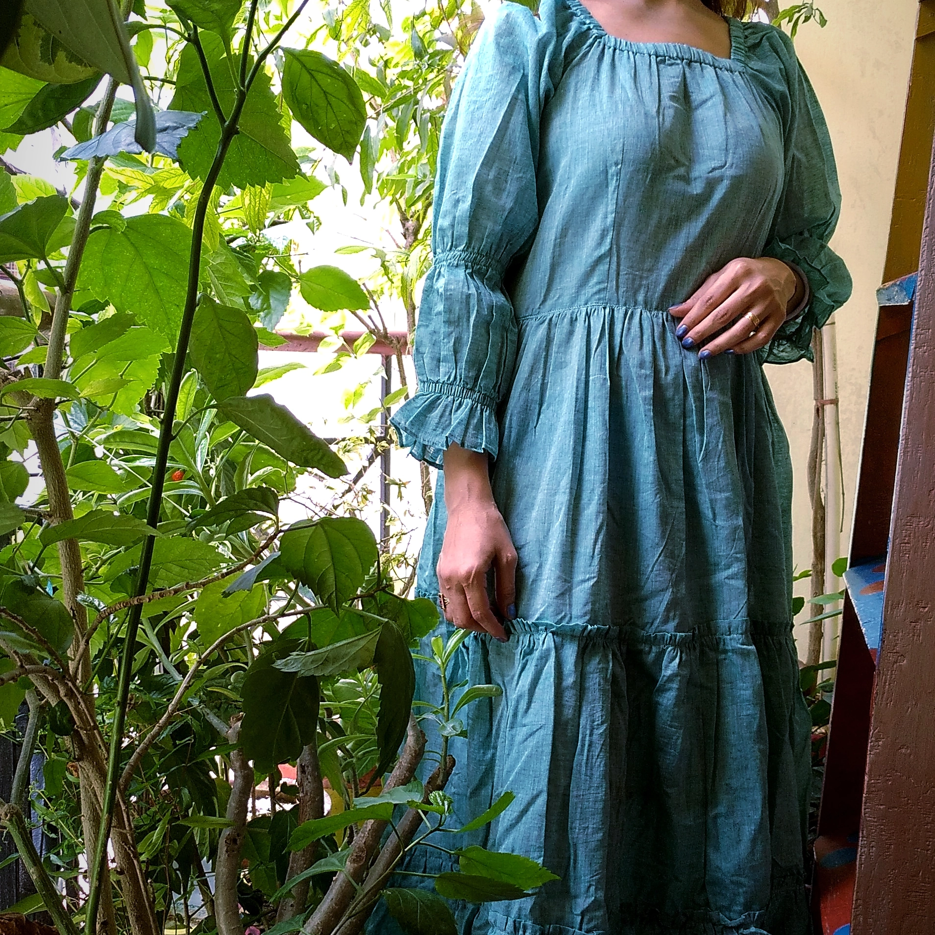 SPARKLE  ~ Ruffle Square Neckline ruched Cufffull Sleeves flared bottom Calf Length Tiered Maxi Dress.