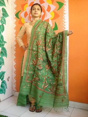 Algae Green - Bengal Nakshi Kantha Embroidered Tussar Gicha Silk Handloom Duppatta.