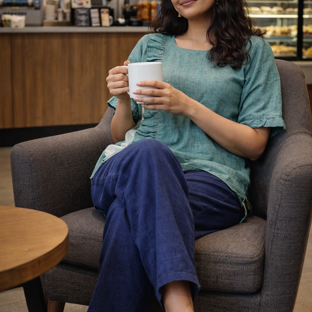 GREEN TRAILS -Side Frilled,Sleeves pleated Shallow Neck Top in Mint Green.