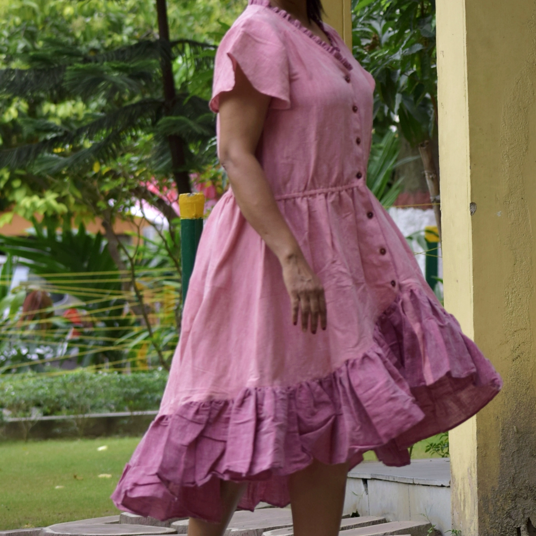 DISTANT SHORES - Premium Linen Cotton pleated V Neck Swing Dress.