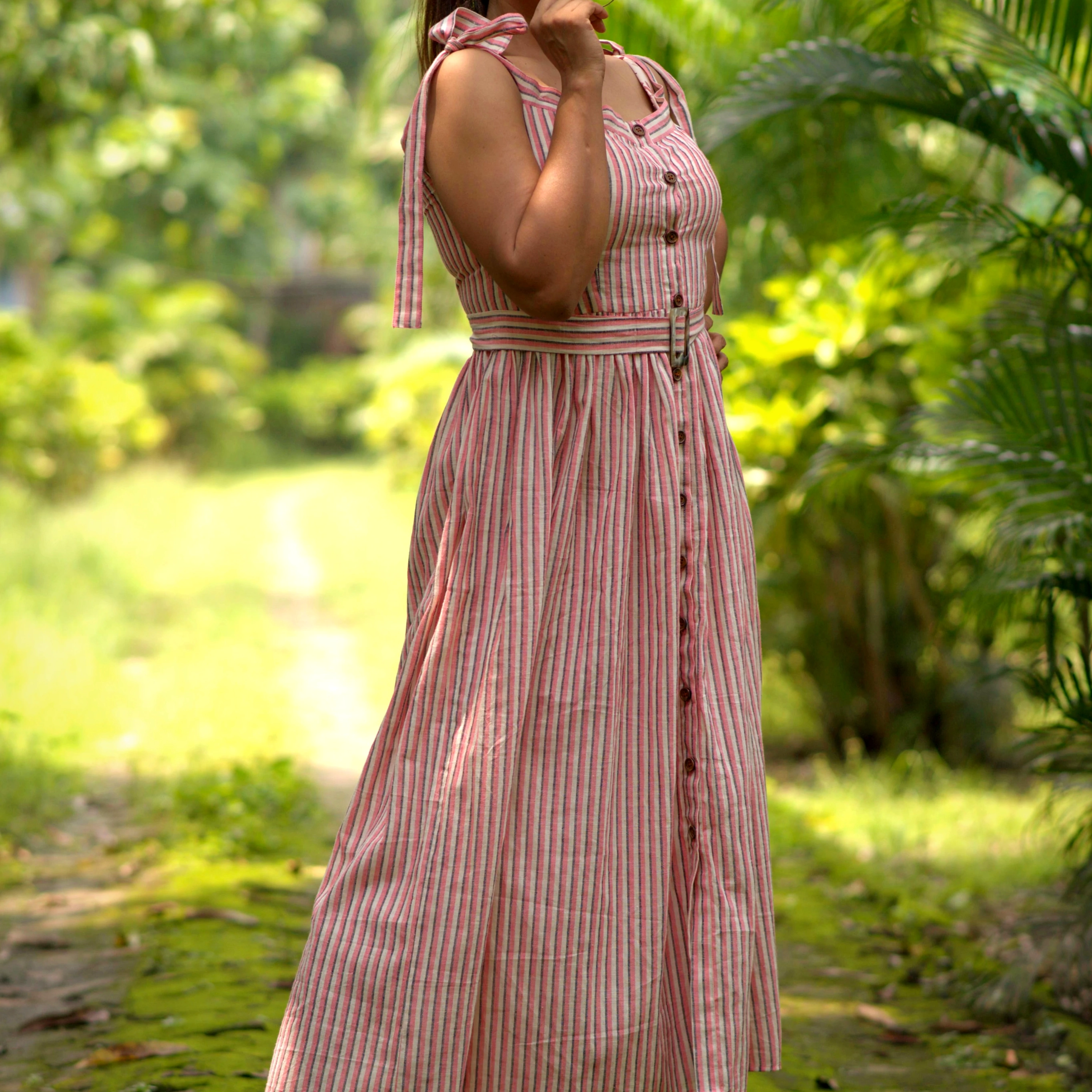 AMARA'S GRACE~Striped Sleeveless Dress with Belted Waist, Shoulder Tie Ups Casual Party Wear .