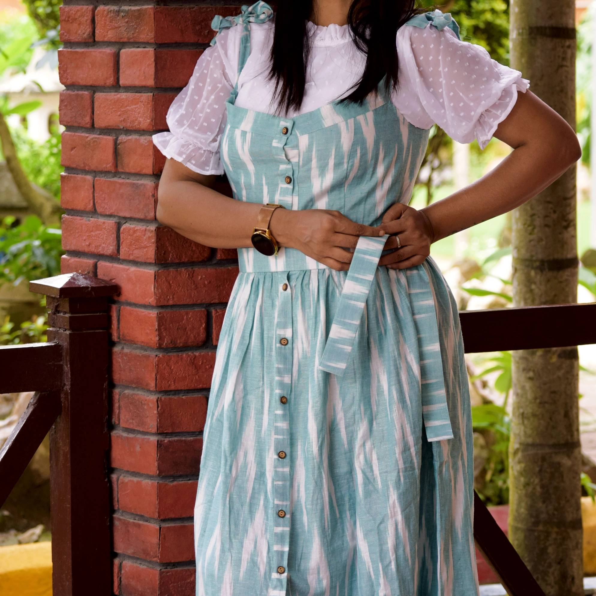 AMARA'S GRACE ll ~Ikkat Pattern Sleeveless Dress with Belted Waist,shoulder Tie Knot Casual Party Wear .