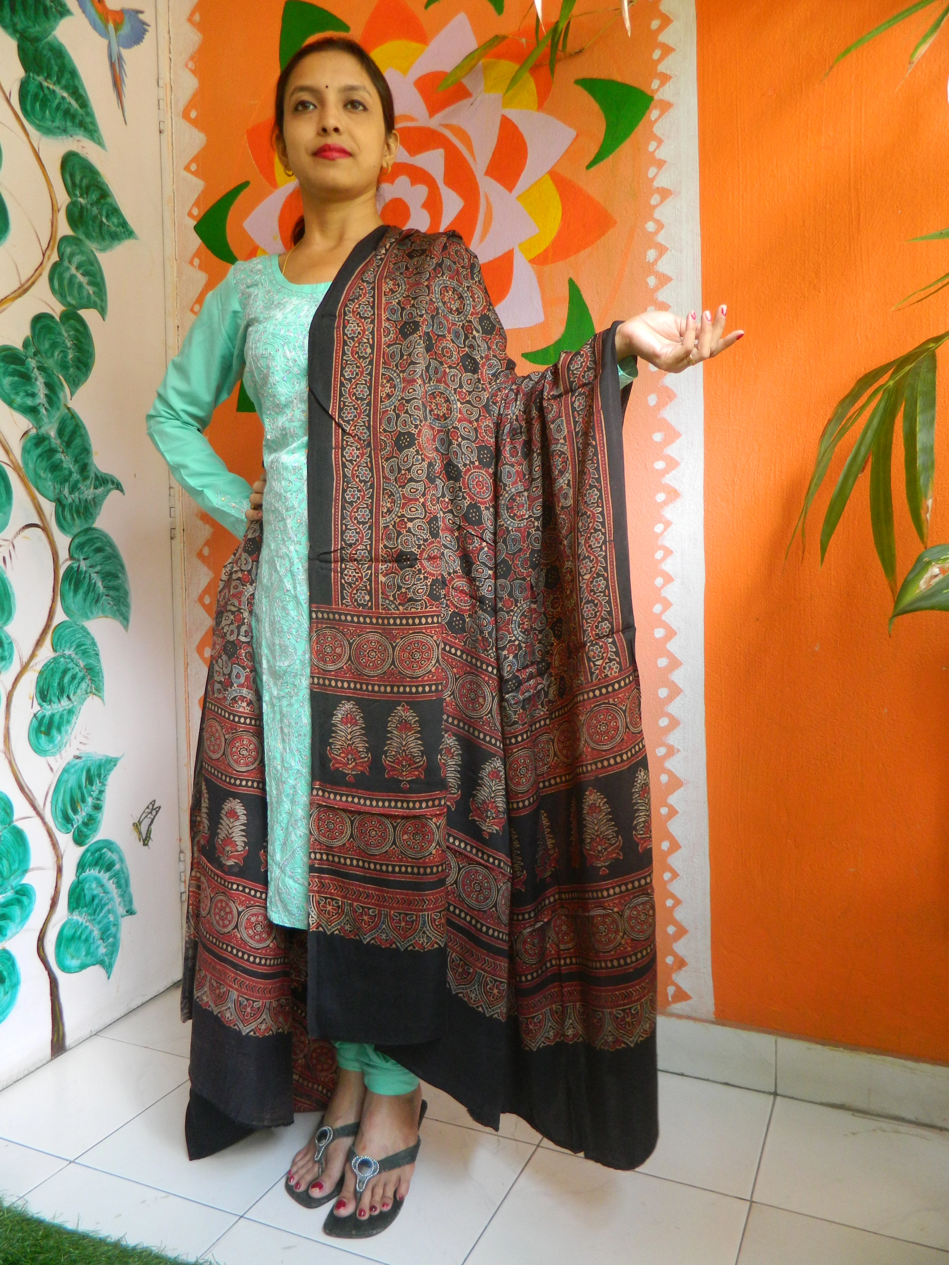 Mehfil- Rust Brown & Black Ajrakh-printed Premium Modal Silk Dupatta --Sustainably Fashionable.
