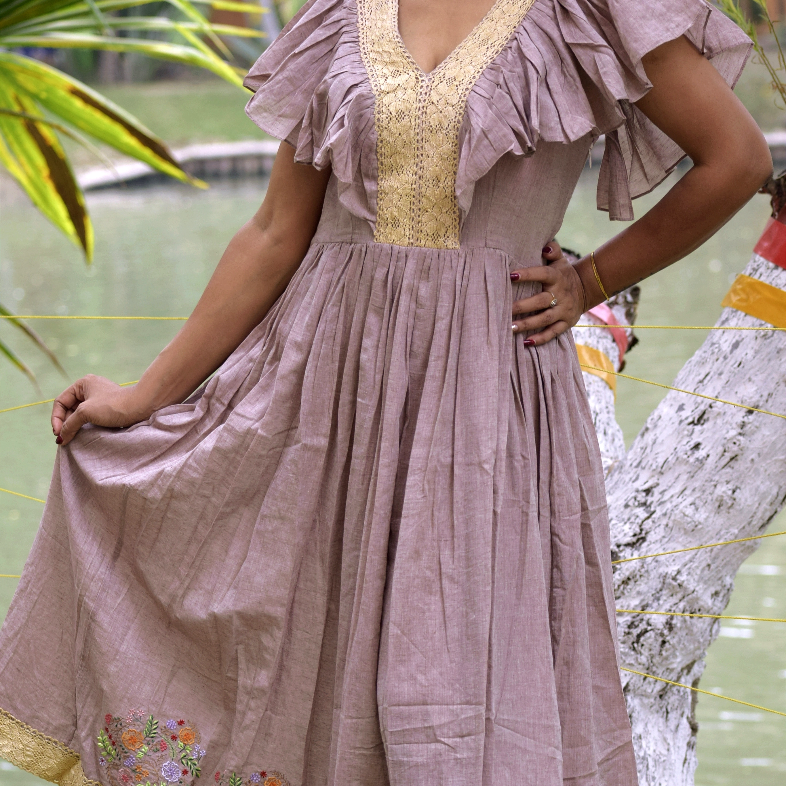 SANTORINI - Solid Ruffled Blouson Midi Dress with V Neck & Short Flutter Sleeves.