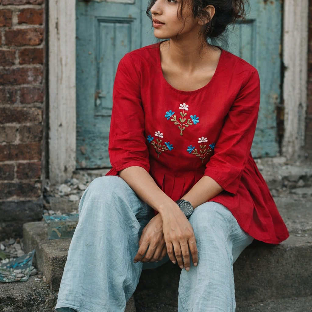 SUNNY BLISS - Peplum Hem Fitted pleated V Neck Sleeveless Top in Haze Red.