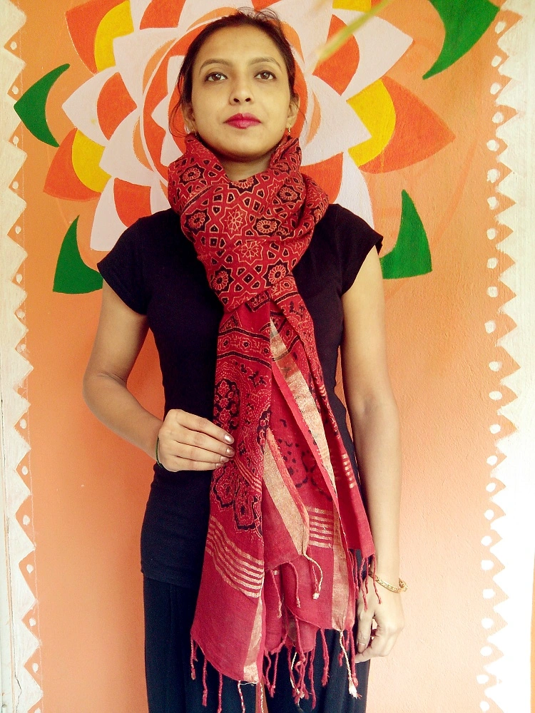Nazakaat-Garnet Red Ajrakh-printed Linen Dupatta With Zari Border --Spice Up asthetically