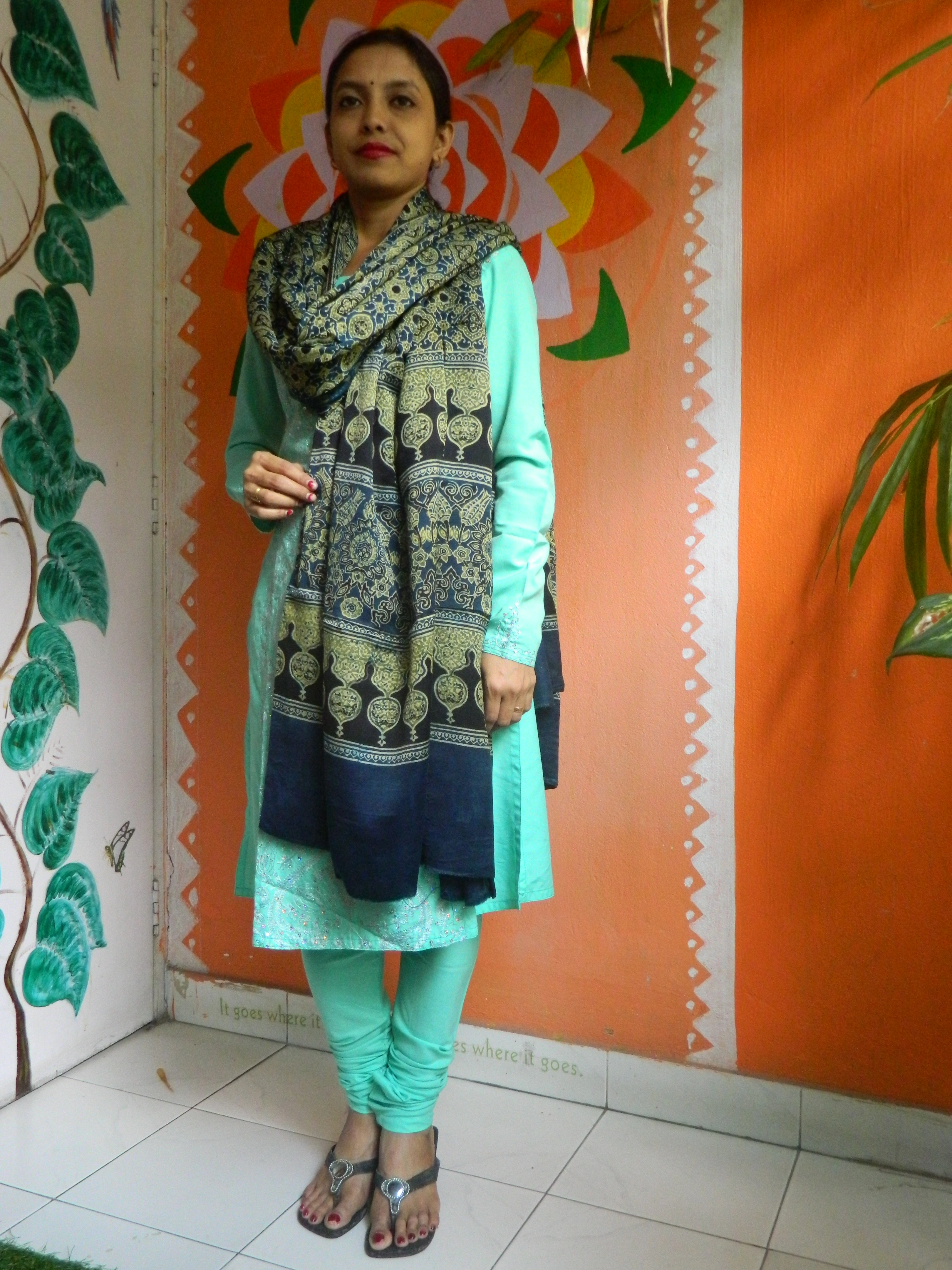 Rozaana - Indigo Blue & olive Yellow Ajrakh-printed Premium Modal Silk Dupatta --Traditionally Chic