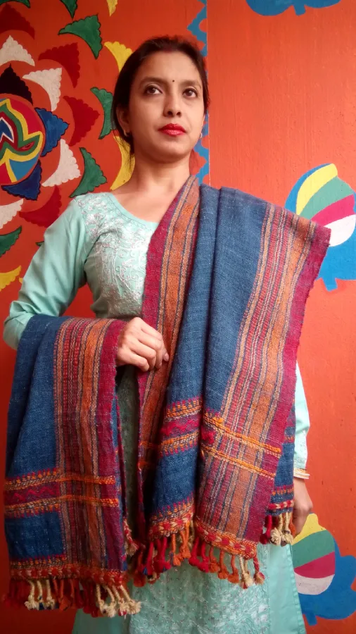 Distant Echoes - Warmth of Desert.l Bhujodi Handwoven Desi Sheep Wool Shawl - Royal Blue