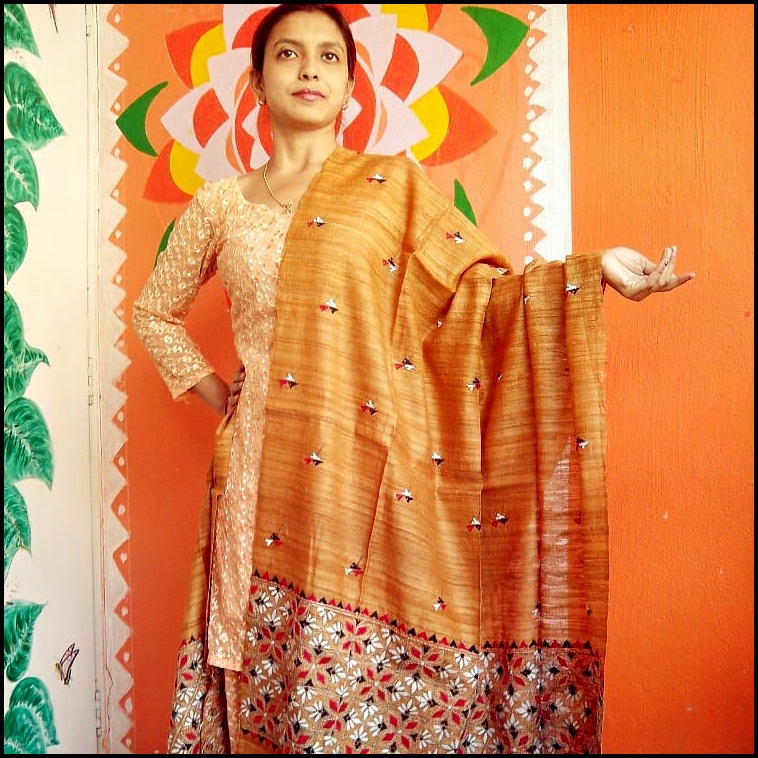 Sunrise Yellow - Bengal Nakshi Kantha Embroidered Tussar Gicha Silk Handloom Duppatta.