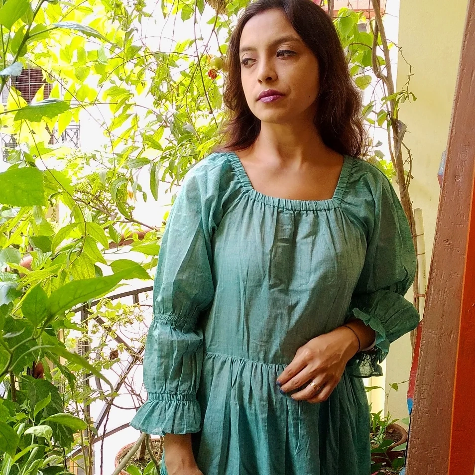 SPARKLE  ~ Ruffle Square Neckline ruched Cufffull Sleeves flared bottom Calf Length Tiered Maxi Dress.