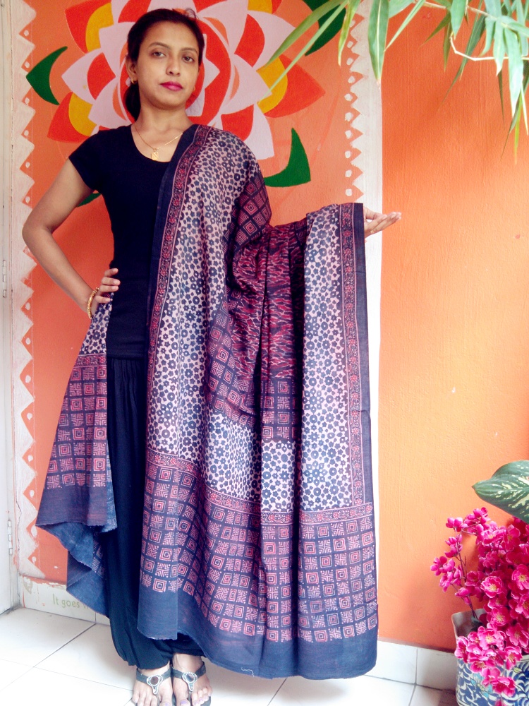 Manzil - Indigo Blue & Purple  Ajrakh-Printed Premium HandWoven Muslin Cotton Dupatta --You Fashion Statement