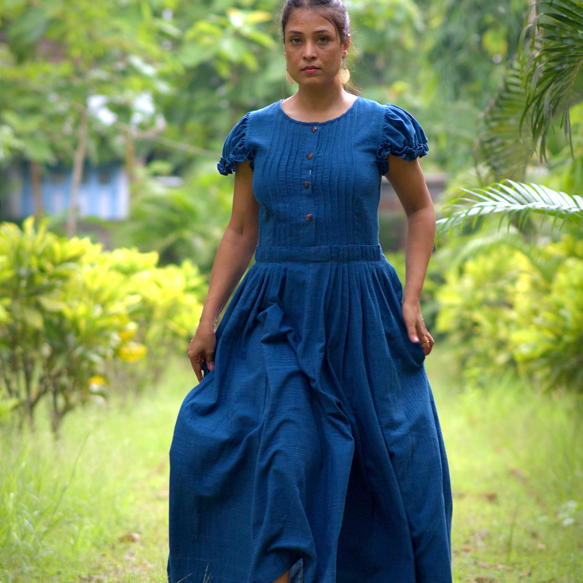 DAMSEL'S JOY - Puff Ruffle Sleeved,Front Buttoned Indo Western Flared Summer Dress.