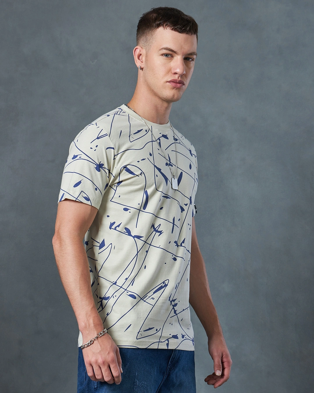 Men's Beige All Over Printed T-shirt