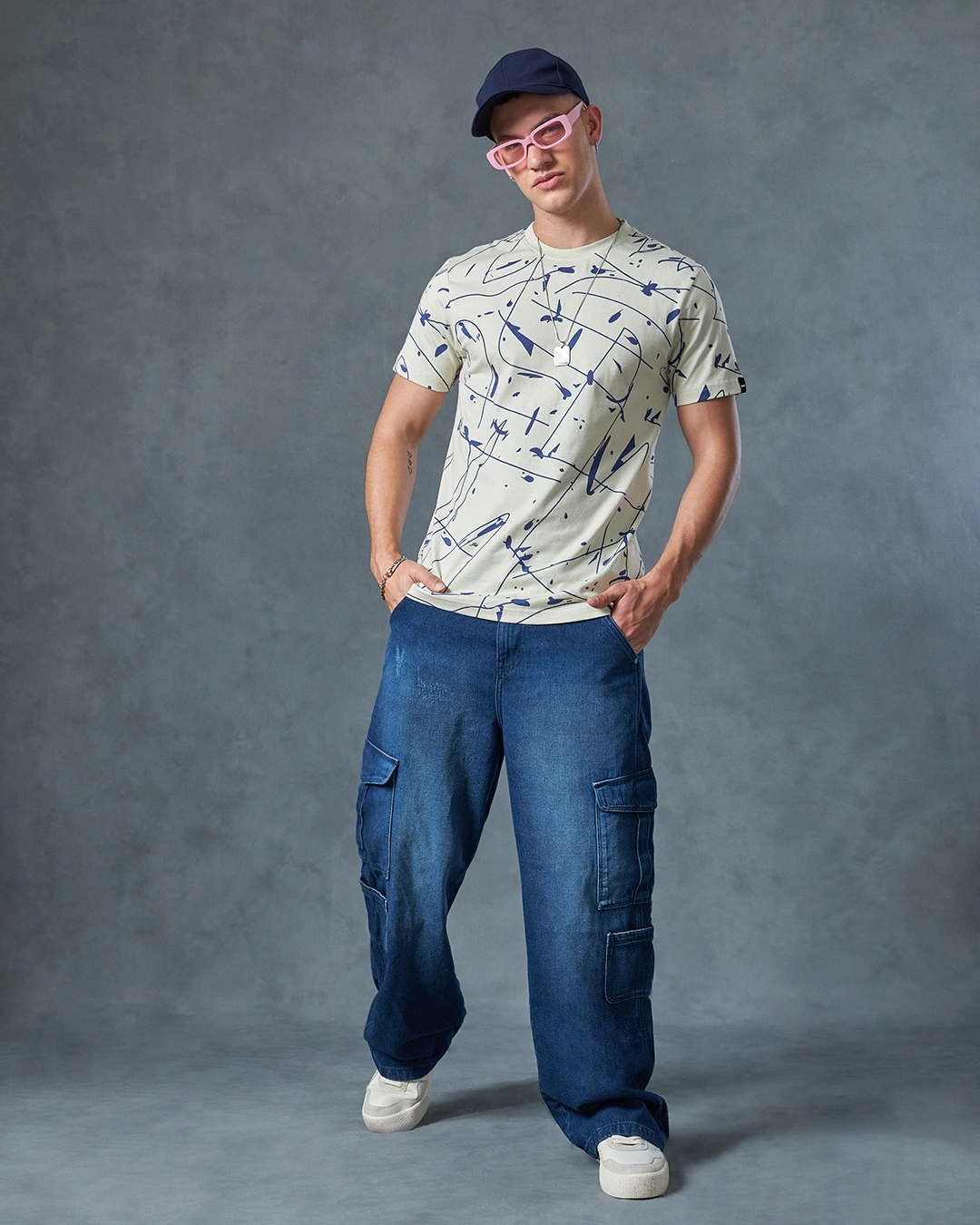 Men's Beige All Over Printed T-shirt