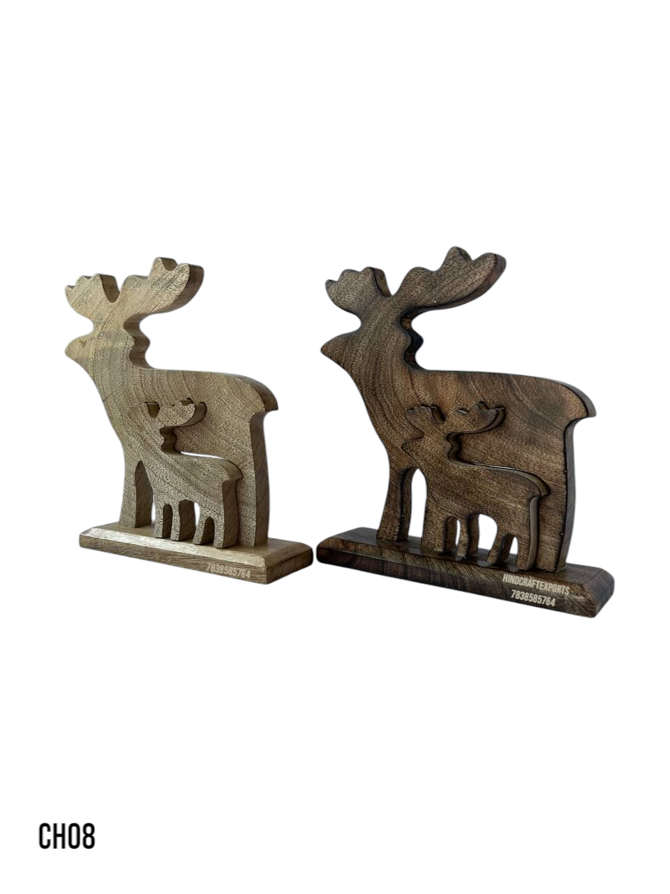 Wooden Moose and Calf Figurine