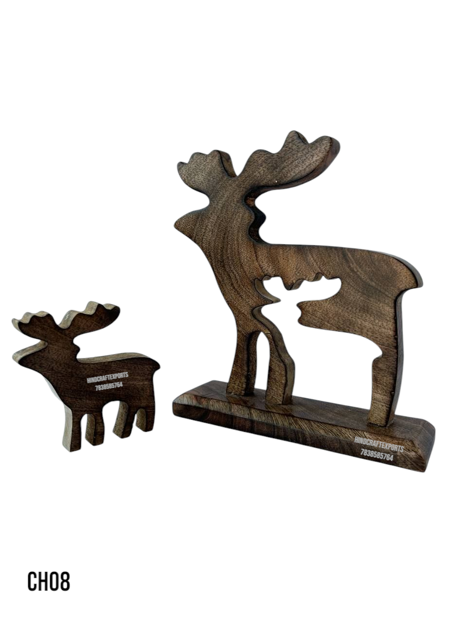 Wooden Moose and Calf Figurine