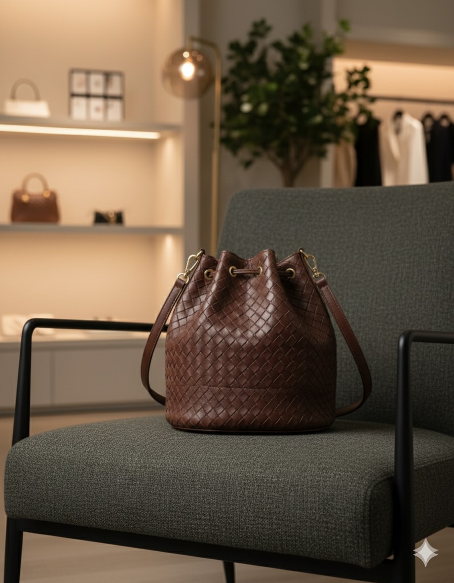 Brown Woven Leather Bucket Bag