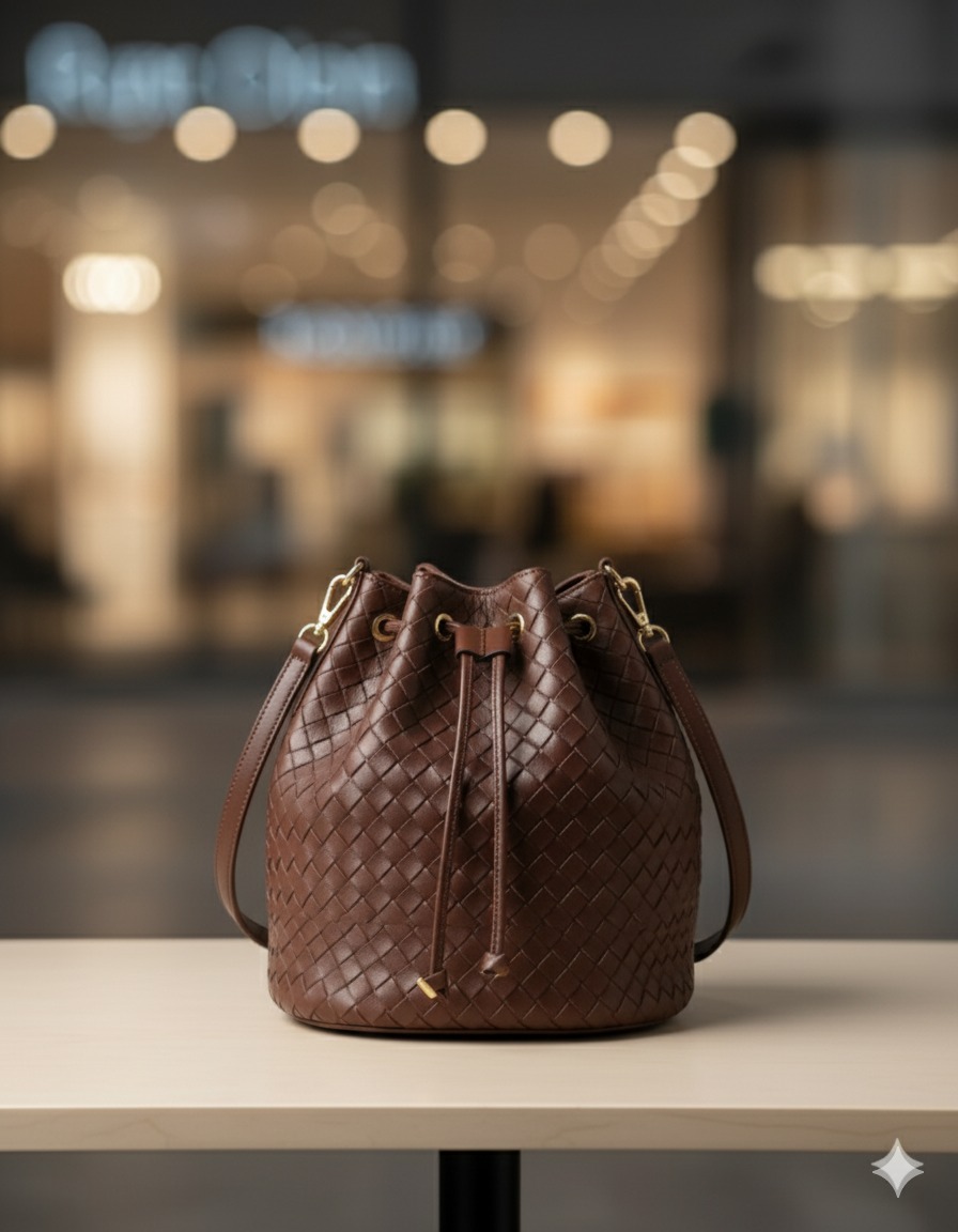 Brown Woven Leather Bucket Bag