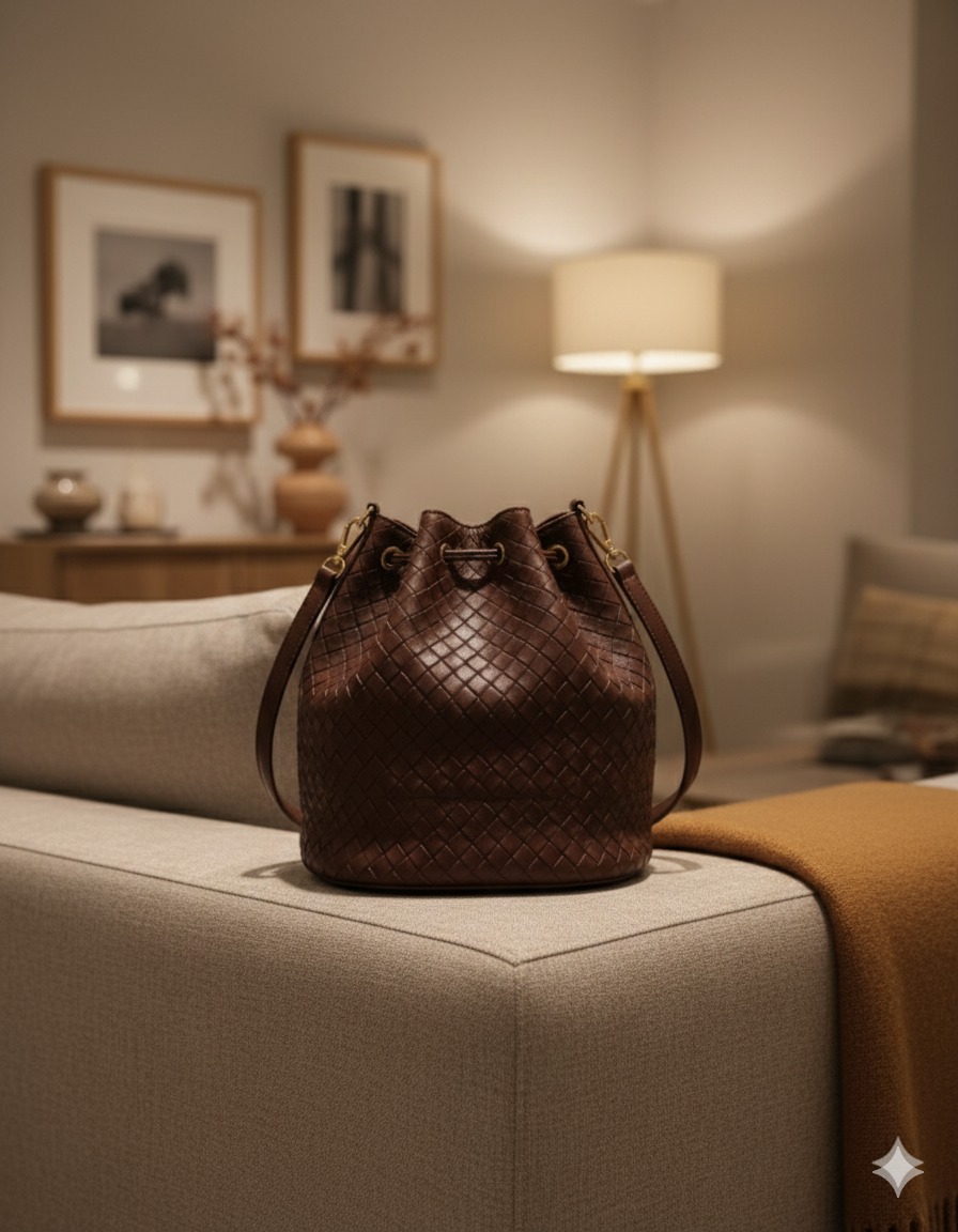 Brown Woven Leather Bucket Bag