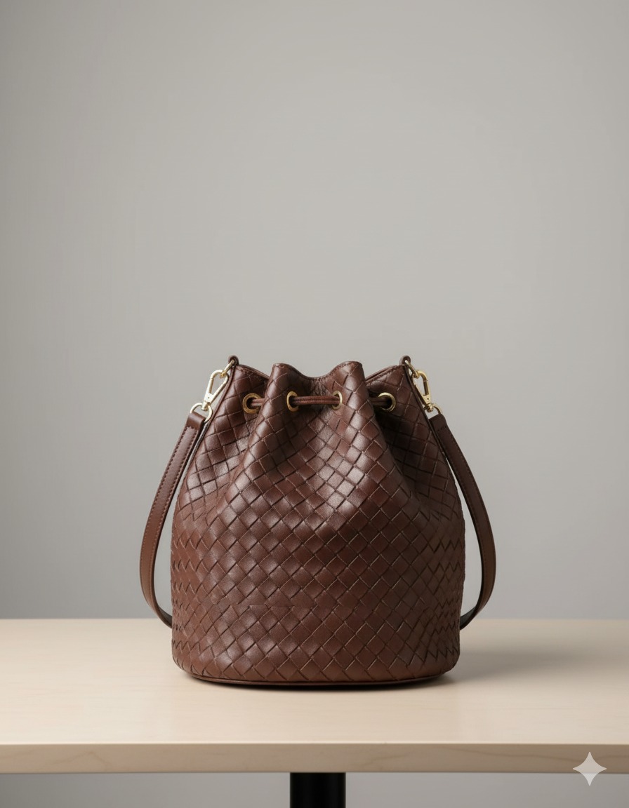 Brown Woven Leather Bucket Bag