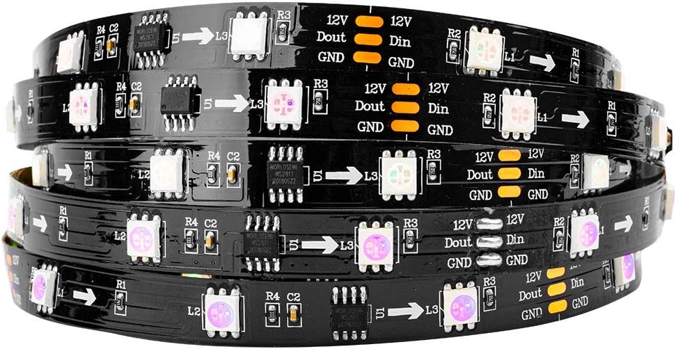 WS2811 IC=RGB+IC Addressable Dream Color LED Strip 16.4FT 72LEDs/m Non-Waterproof Black PCB Flexible DC12V Chasing Effect for Indoor Home Decor