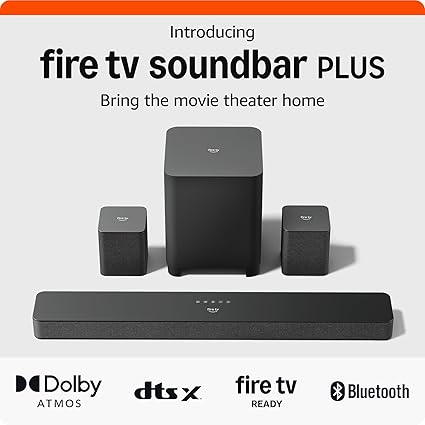 Amazon Fire TV Soundbar Plus with subwoofer and surround sound speakers (newest model), 5.1 channel, Dolby Atmos, clear dialogue