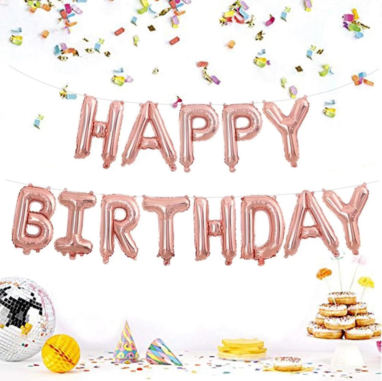 Rose Gold Happy Birthday Foil Balloon Banner – 13 pcs