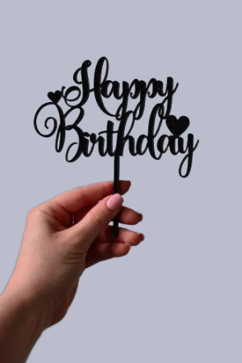 🖤 Black “Happy Birthday” Topper with Hearts