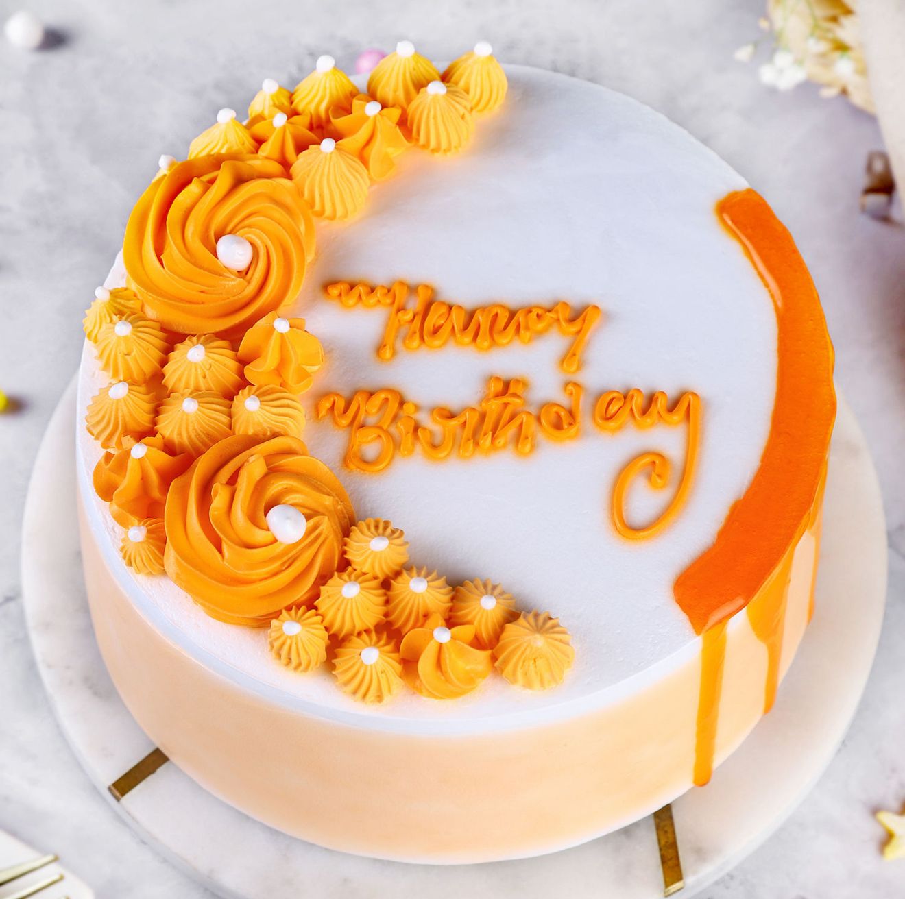 Orange & White Floral Cake with Drizzle