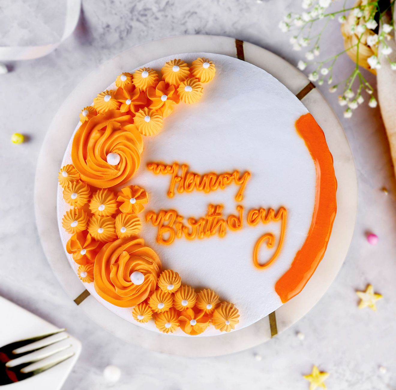 Orange & White Floral Cake with Drizzle