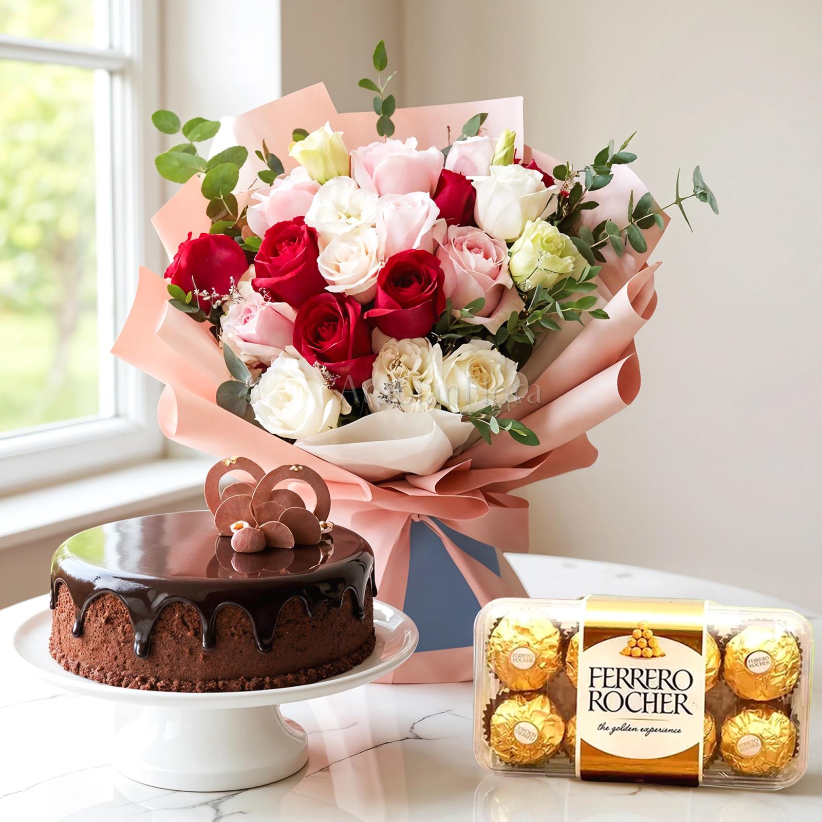 🍫 Trio of Love – Mixed Roses, Cake & Ferrero 