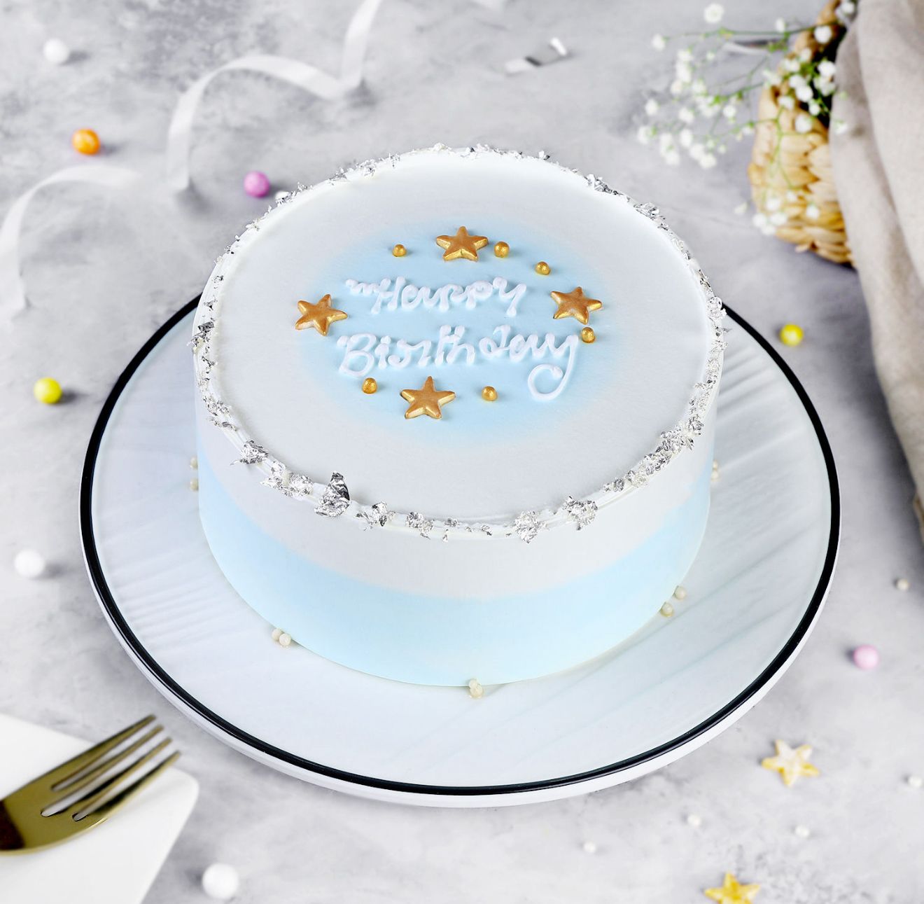 Blue & Silver Birthday Cake with Stars