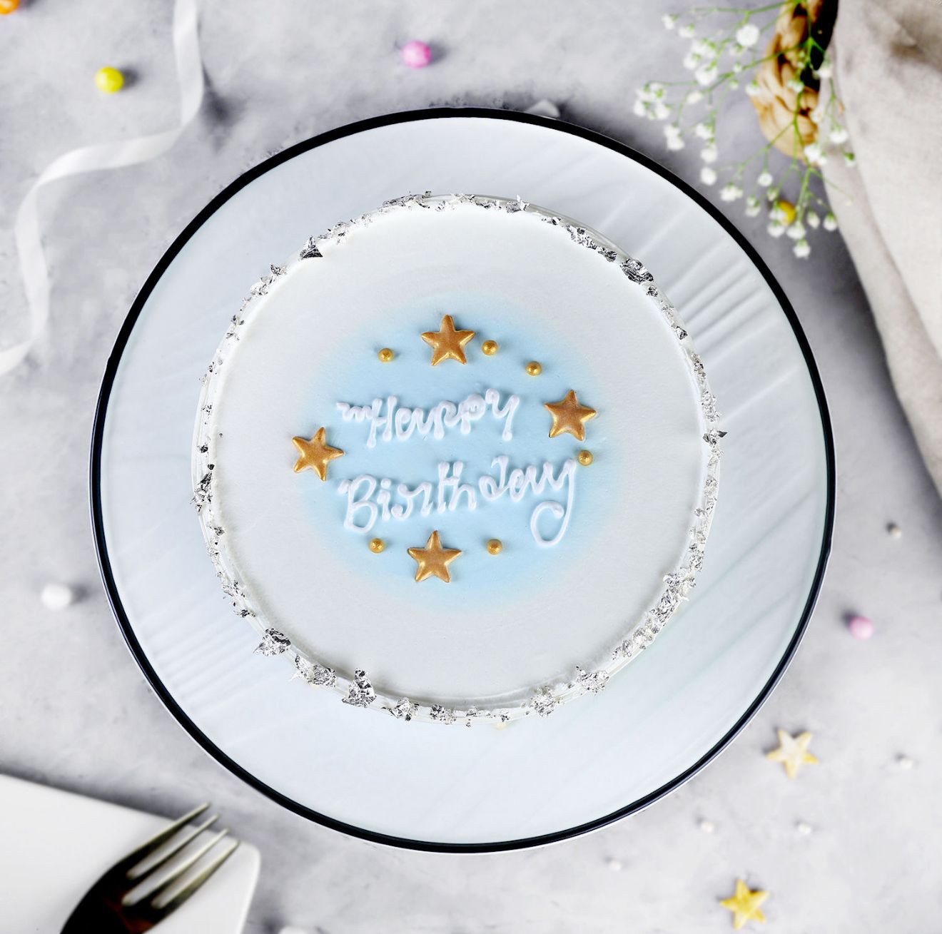 Blue & Silver Birthday Cake with Stars