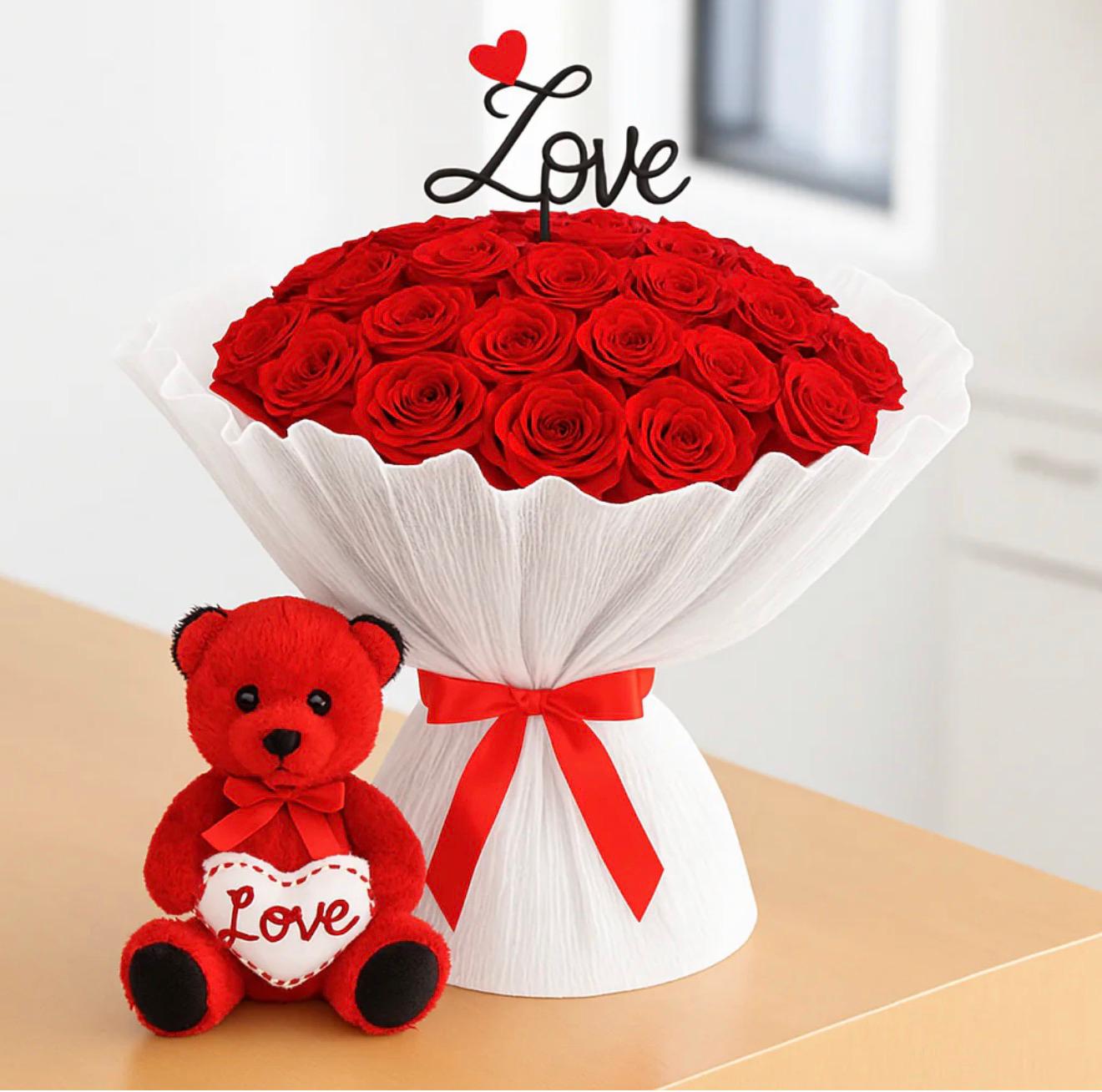 50 Red Rose & Teddy Hug Set