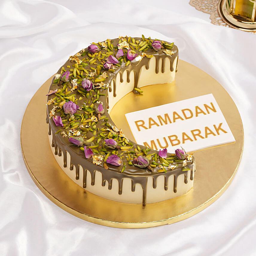 🌙 Elegant Pistachio & Rose Crescent Cake