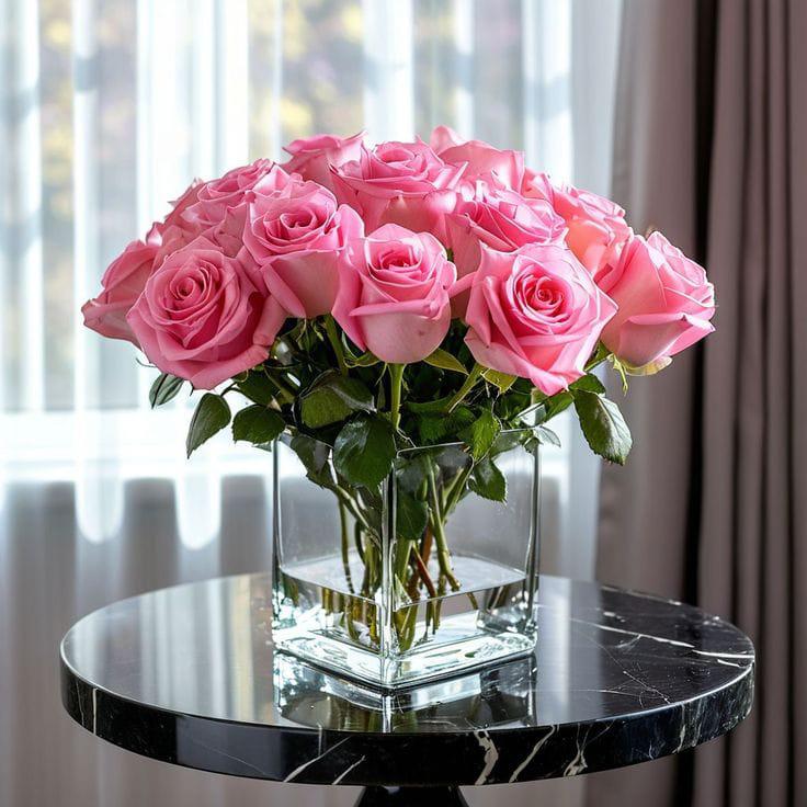 Pink Rose Bouquet in Glass Vase