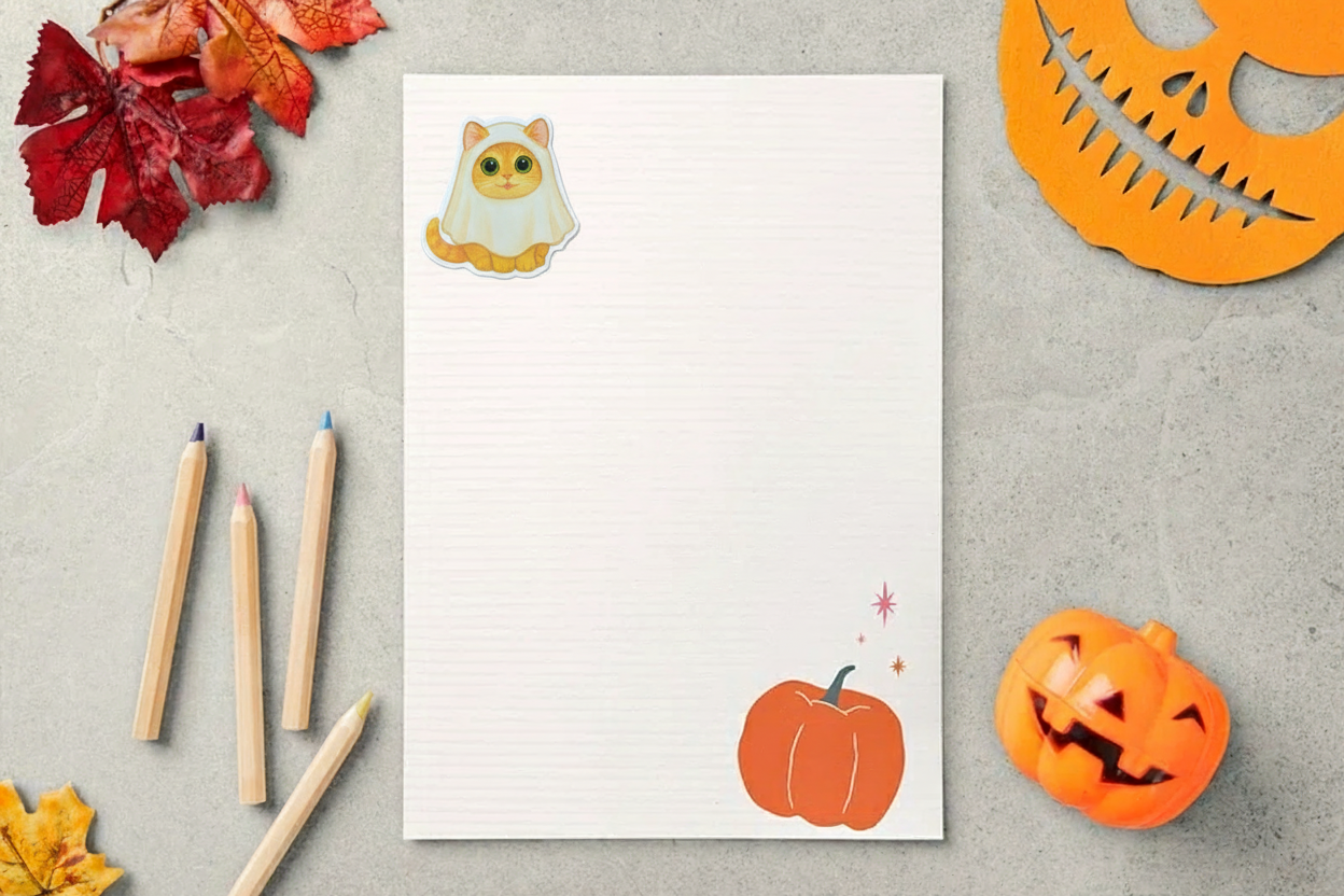Ghost Cat Sticker – Cute Halloween Cat in Ghost Costume | Halloween Ghost Decorations