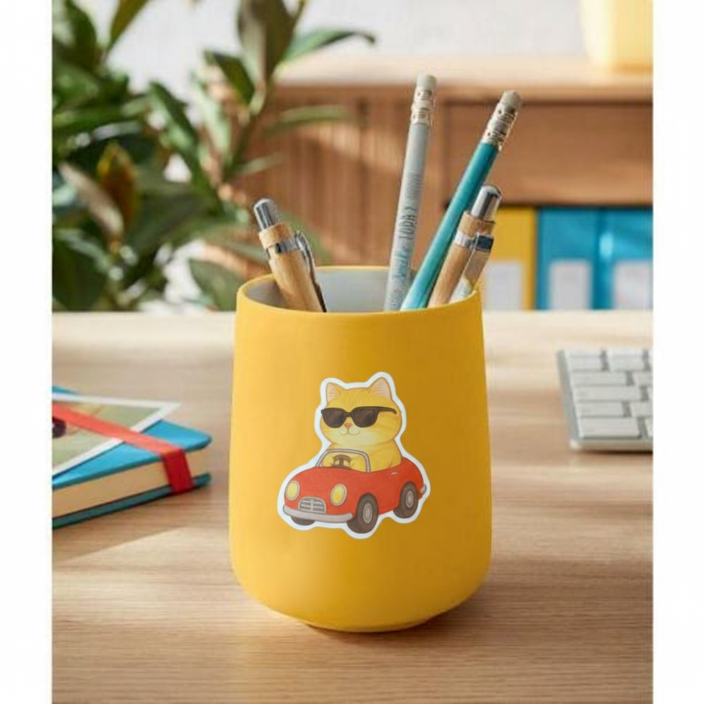 Cool Cat in Car Sticker – Funny Sunglasses Cat Design | Waterproof Vinyl Sticker for Laptop, Notebook, Scrapbook & Water Bottle