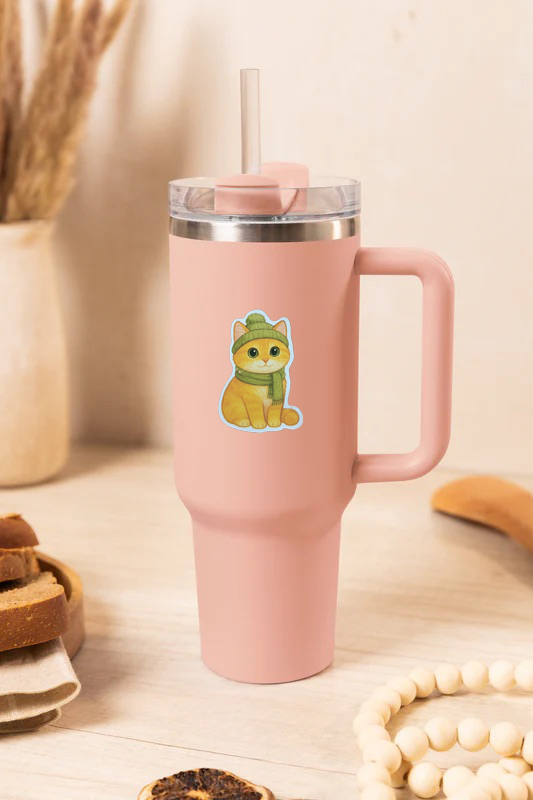 Cozy Cat Sticker with Green Scarf – Cute Winter Cat Vinyl Sticker for Laptop, Journal, Water Bottle & Scrapbooking