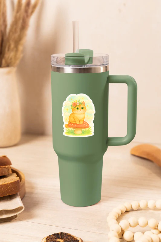 Whimsical Cat on Mushroom Sticker – Cute Floral Crown Cat | Waterproof Vinyl Sticker for Laptop, Journal, Scrapbook & Water Bottle