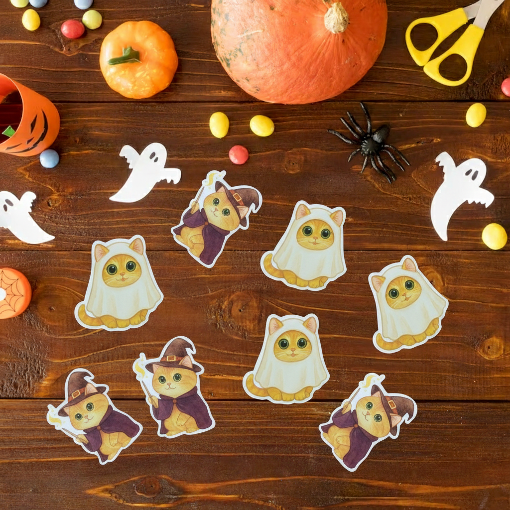 Ghost Cat Sticker – Cute Halloween Cat in Ghost Costume | Halloween Ghost Decorations