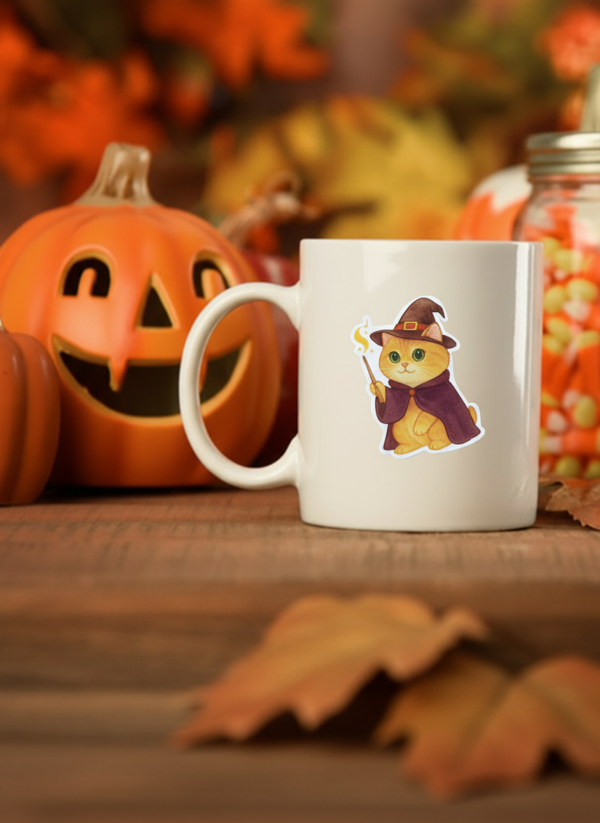 Wizard Cat with Witch Hat Sticker – Magical Halloween Cat Vinyl Sticker | For Laptop, Journal, Scrapbook & Water Bottle