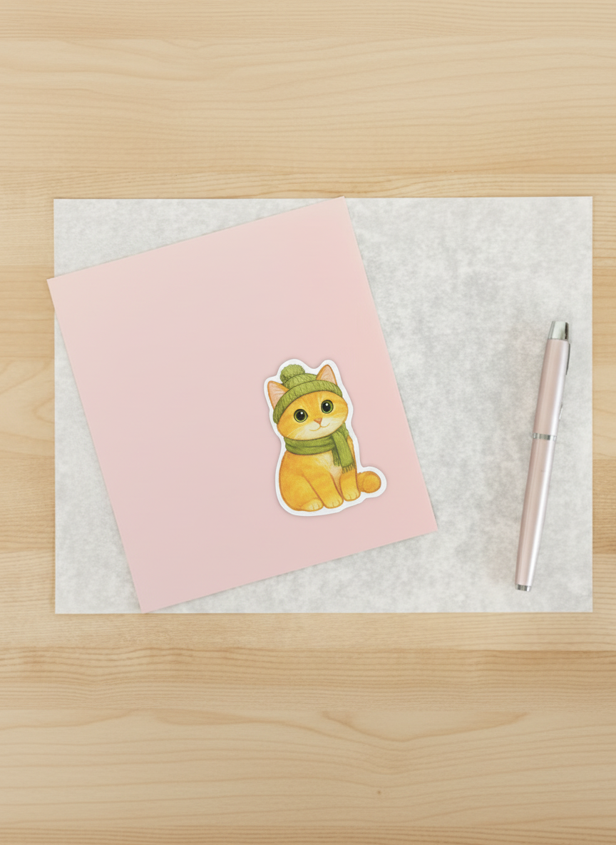 Cozy Cat Sticker with Green Scarf – Cute Winter Cat Vinyl Sticker for Laptop, Journal, Water Bottle & Scrapbooking